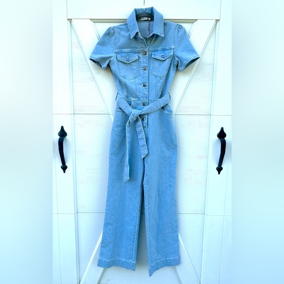 Avec Les Filles Denim Short Sleeve Jumpsuit - Picture 2 of 4